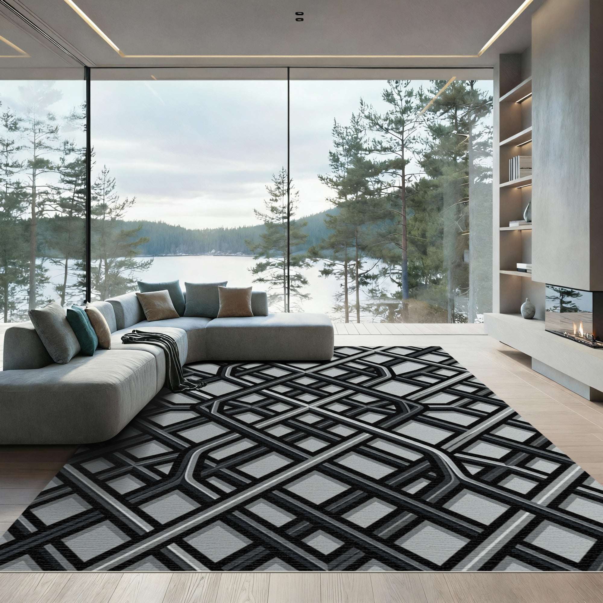 Monochrome Interlocking Geometric Grid Rug