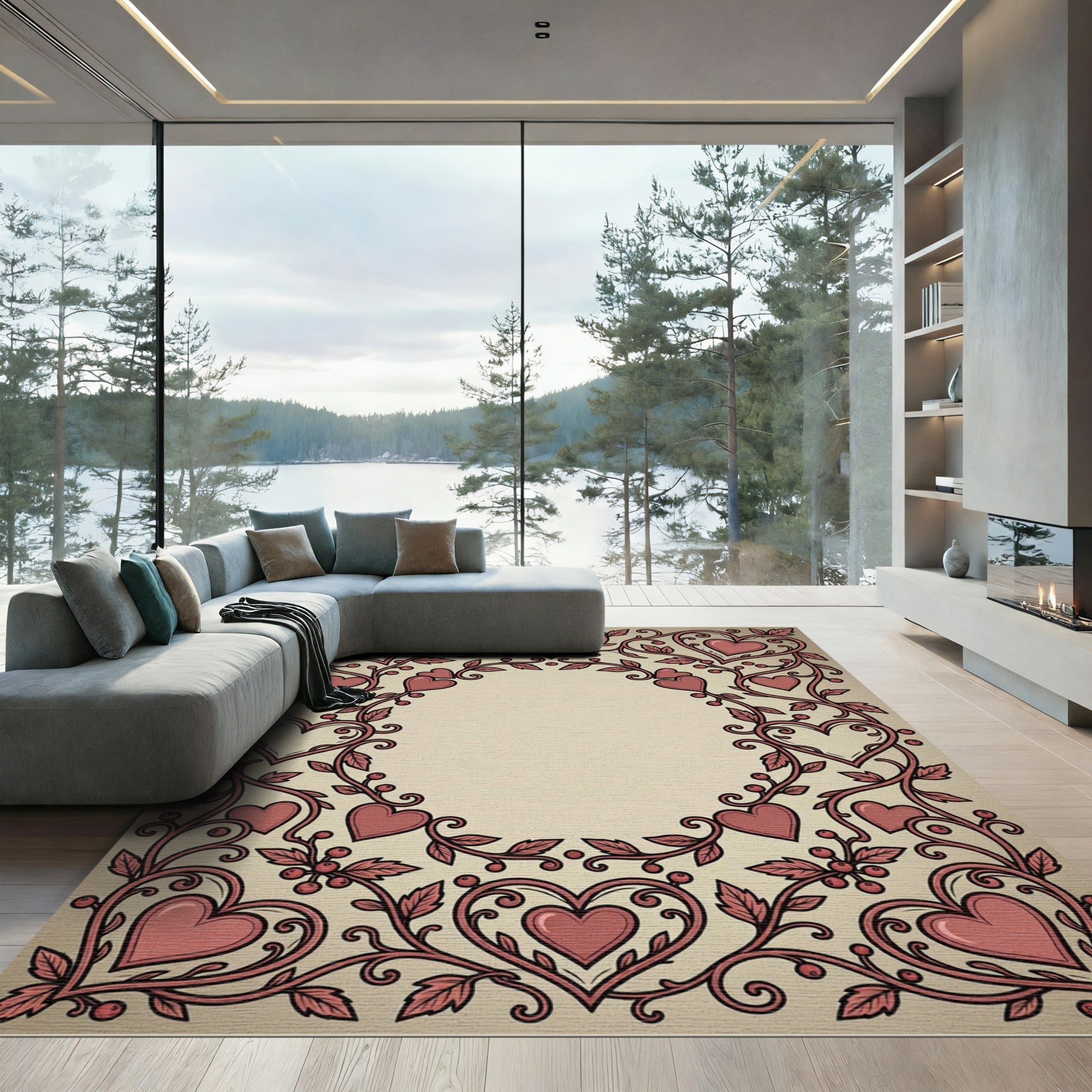 Romantic Coral Heart Vine Frame Rug