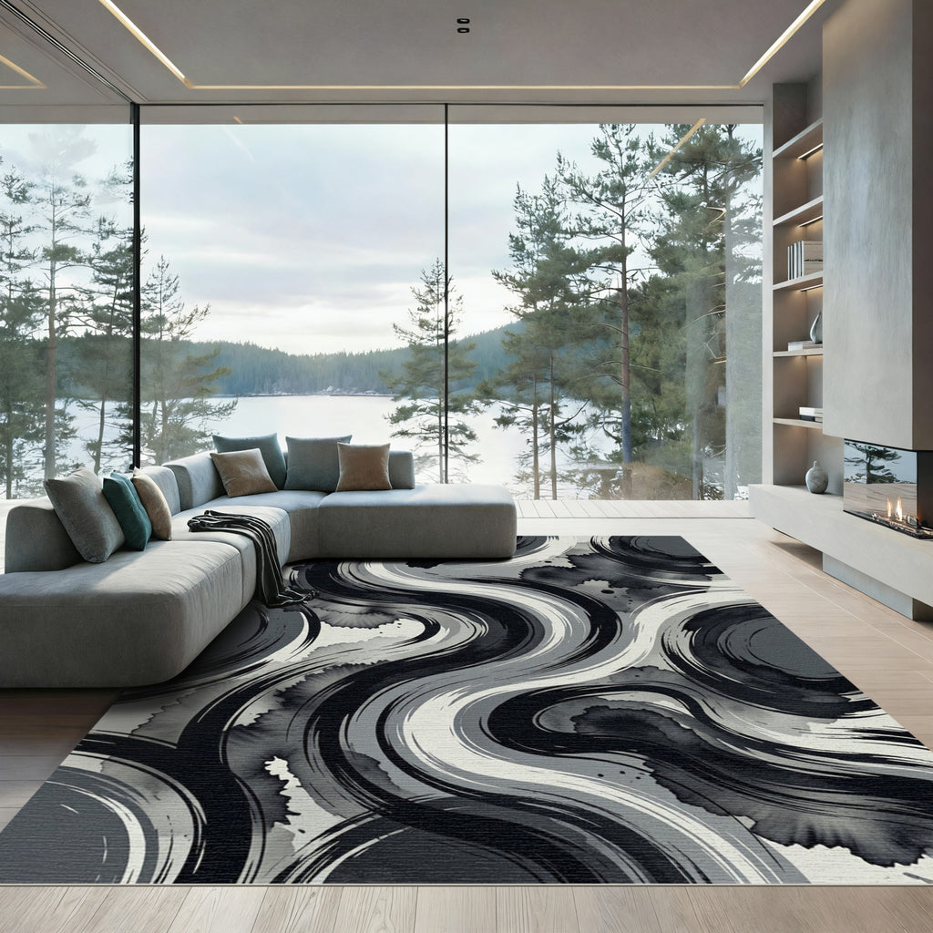 Monochrome Abstract Fluid Ink Swirls Rug