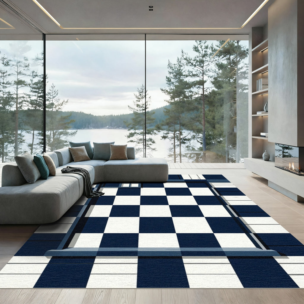 Deep Blue White Checkerboard Border Rug