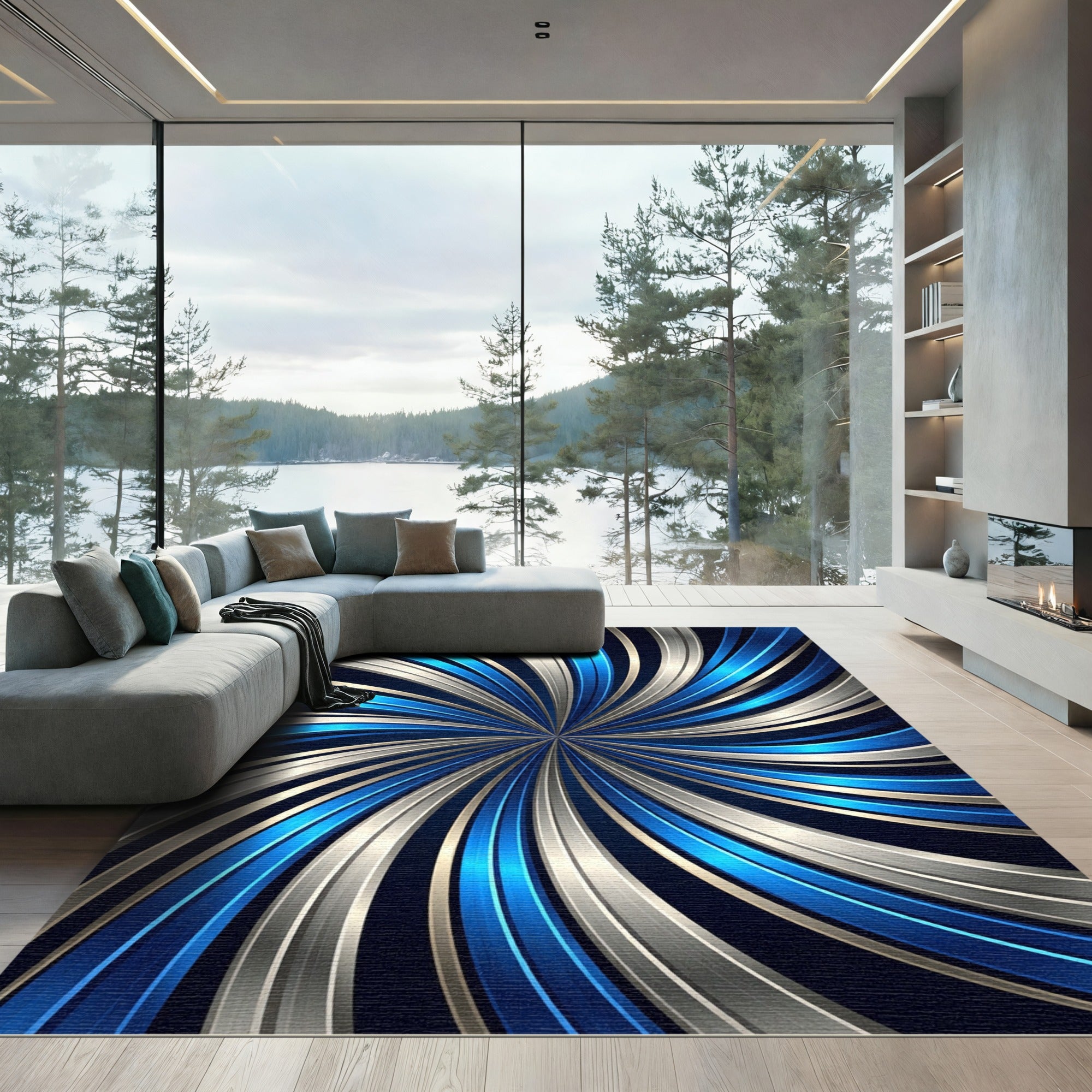 Modern Cobalt Silver Swirling Metallic Vortex Rug