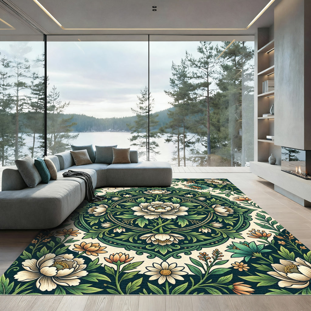 Deep Teal Floral Medallion Garden Rug