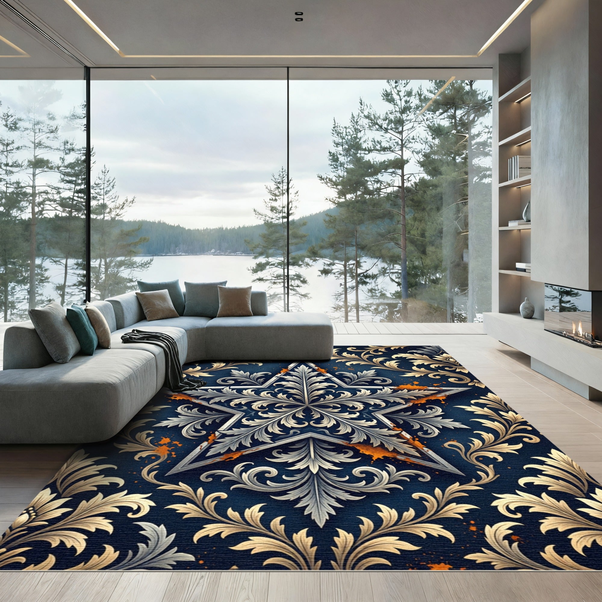 Elegant Navy Golden Floral Star Rug