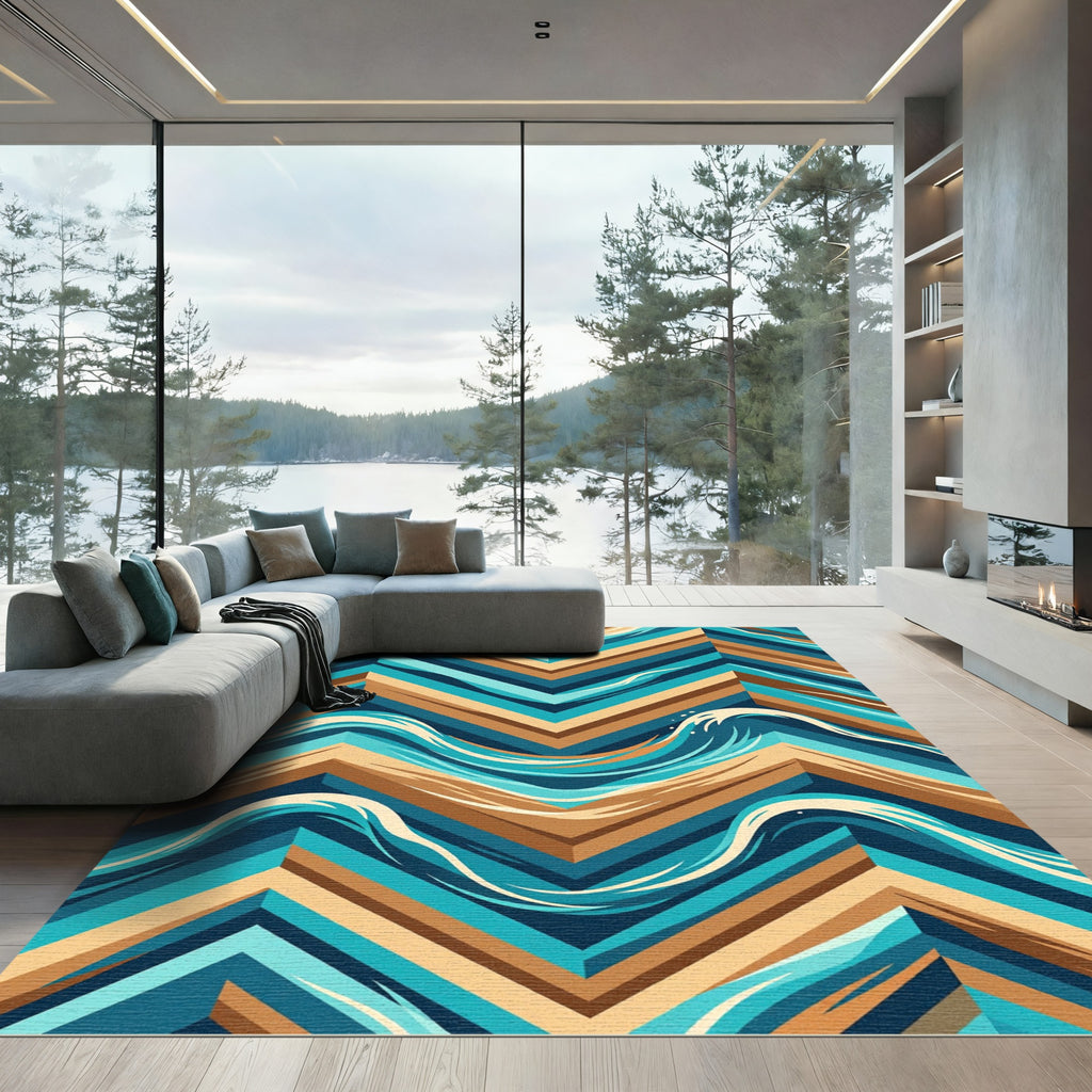 Geometric Chevron Teal and Ochre Wave Rug