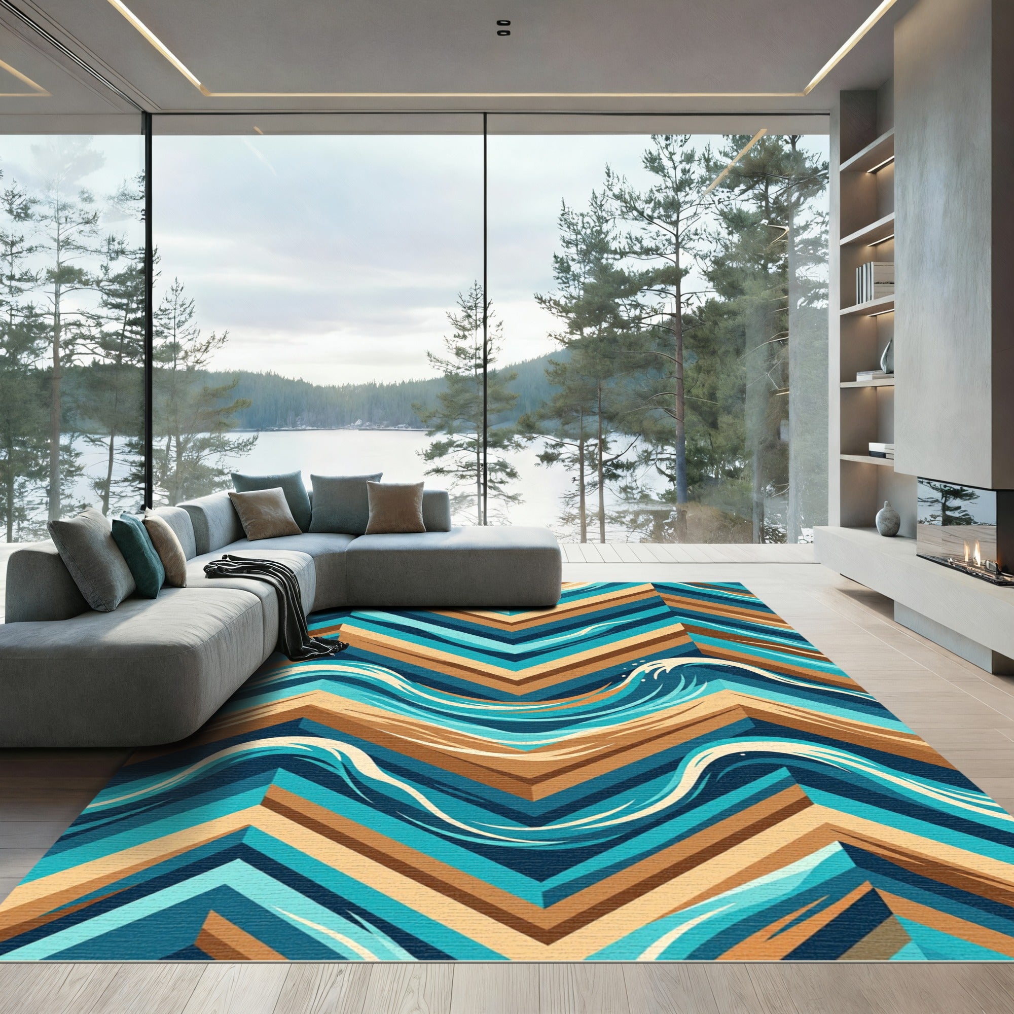 Geometric Chevron Teal and Ochre Wave Rug
