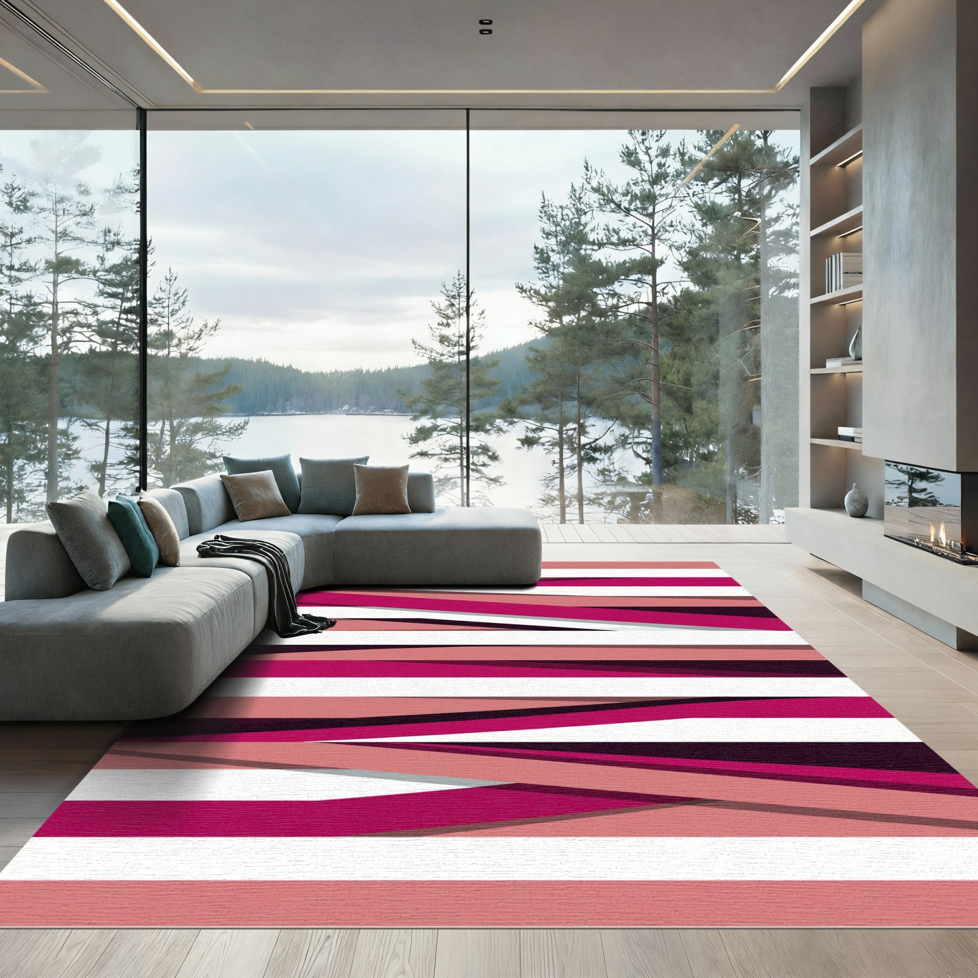 Crimson Magenta Overlapping Ribbon Stripes Rug
