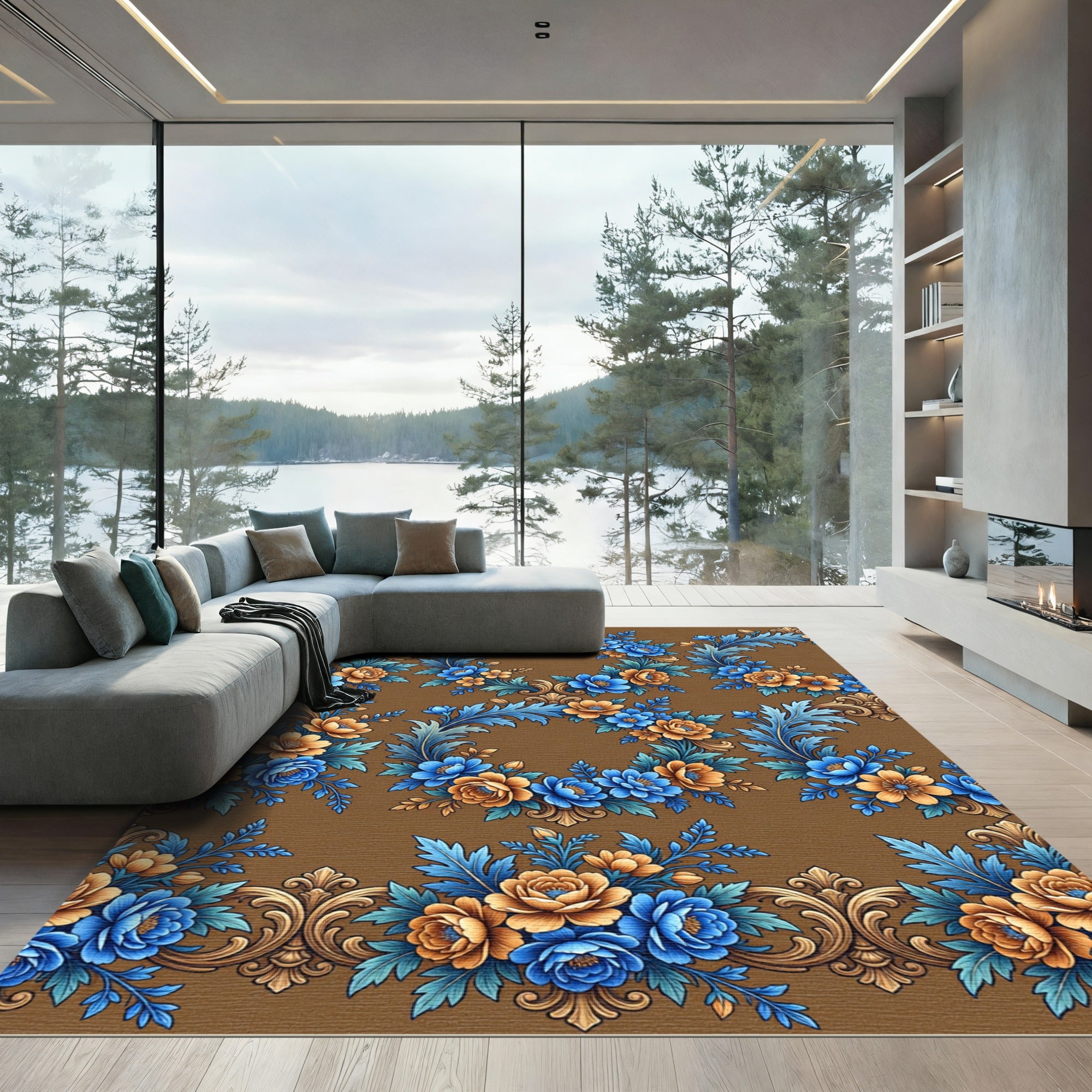 Blue and Golden Baroque Floral Wreath Rug