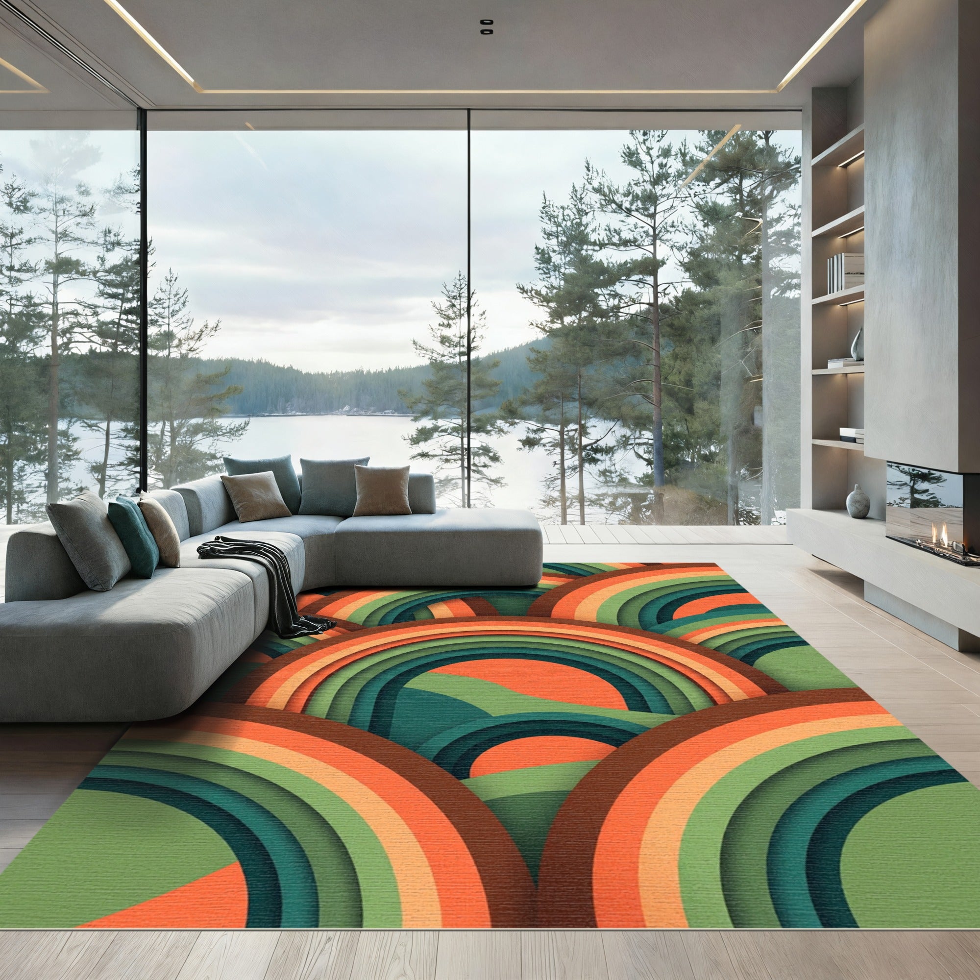 Retro Earthy Tone Concentric Arch Rug