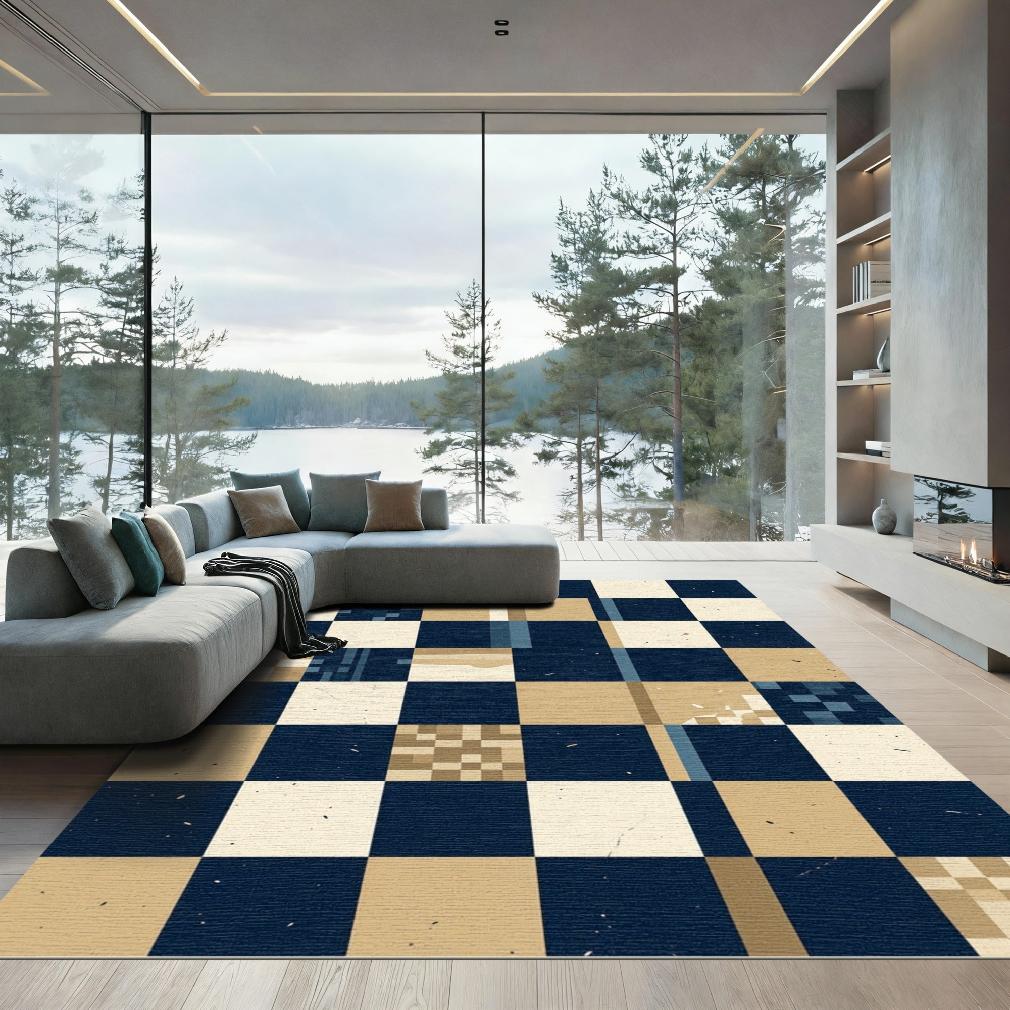 Modern Geometric Grid Navy Sand Rug