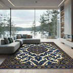 Gilded Navy Scrollwork Floral Medallion Rug