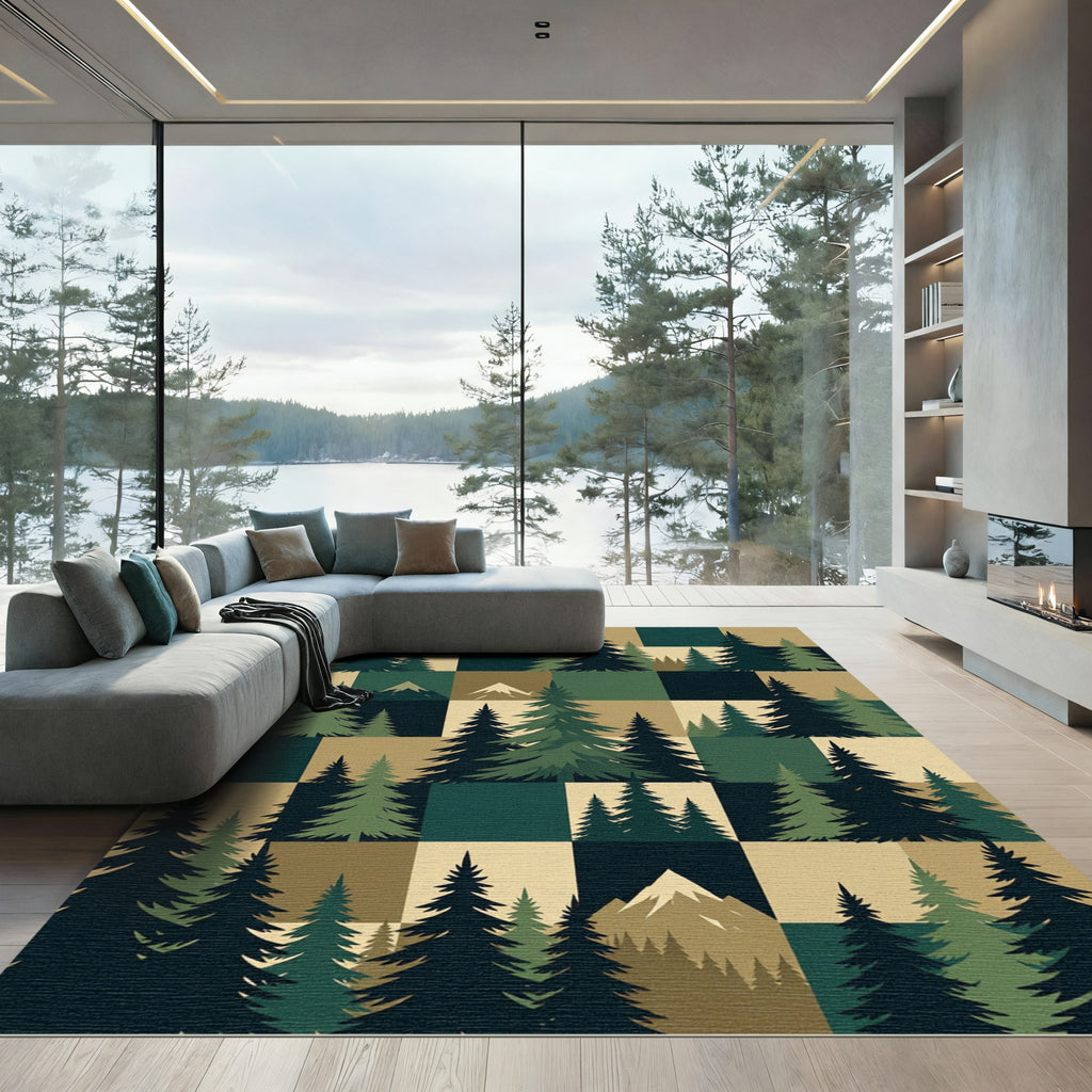 Earthy Evergreen Forest Mountain Grid Rug