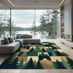 Earthy Evergreen Forest Mountain Grid Rug