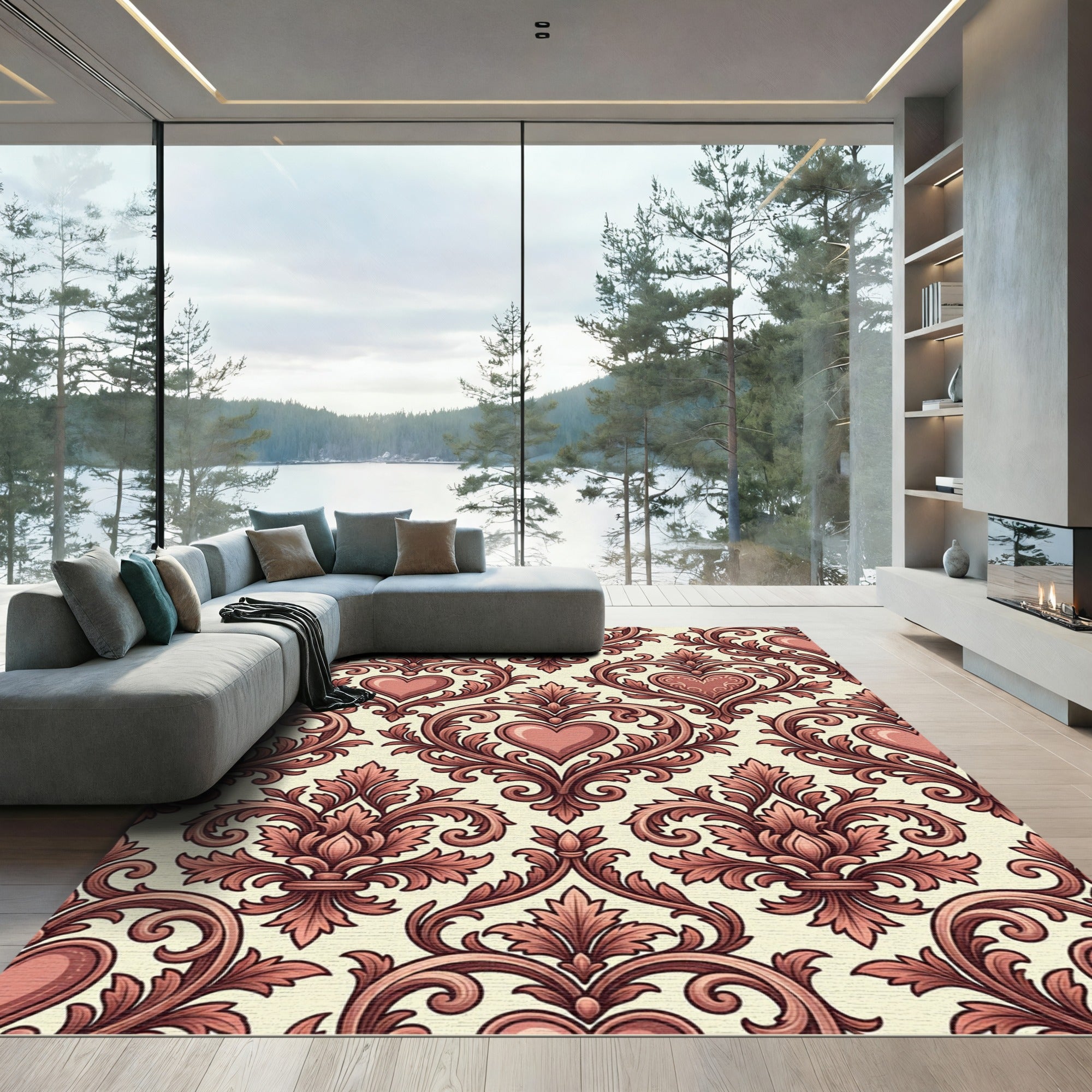 Romantic Damask Heart Scroll Crimson Accent Rug