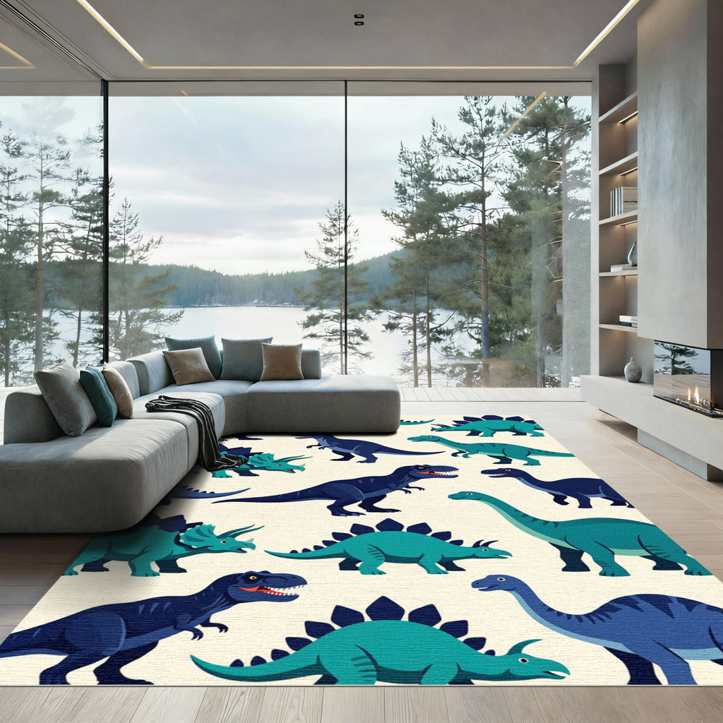 Playful Teal and Navy Dinosaur Illustration Rug