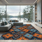 Ornate Orange Blue Quatrefoil Pattern Rug