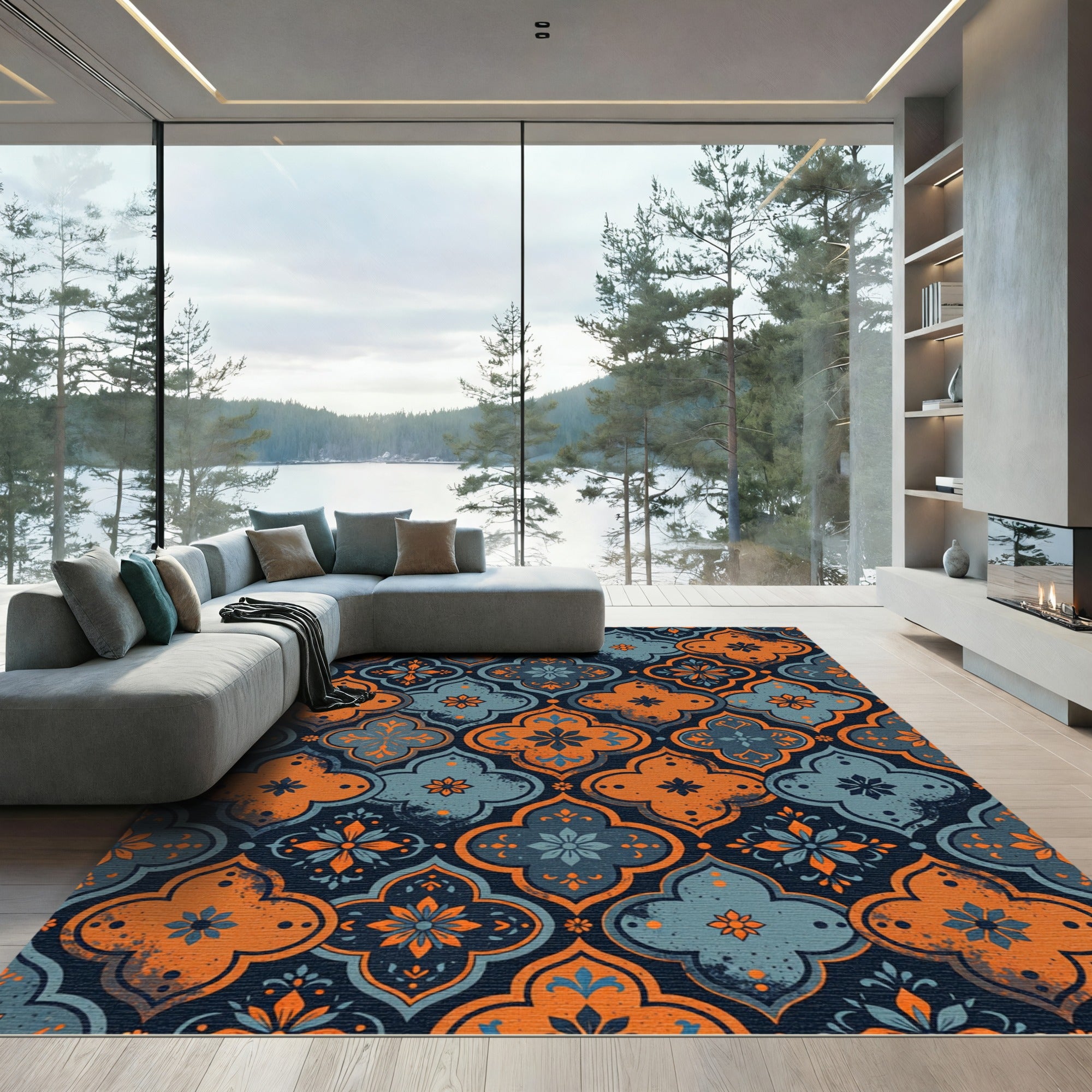 Ornate Orange Blue Quatrefoil Pattern Rug