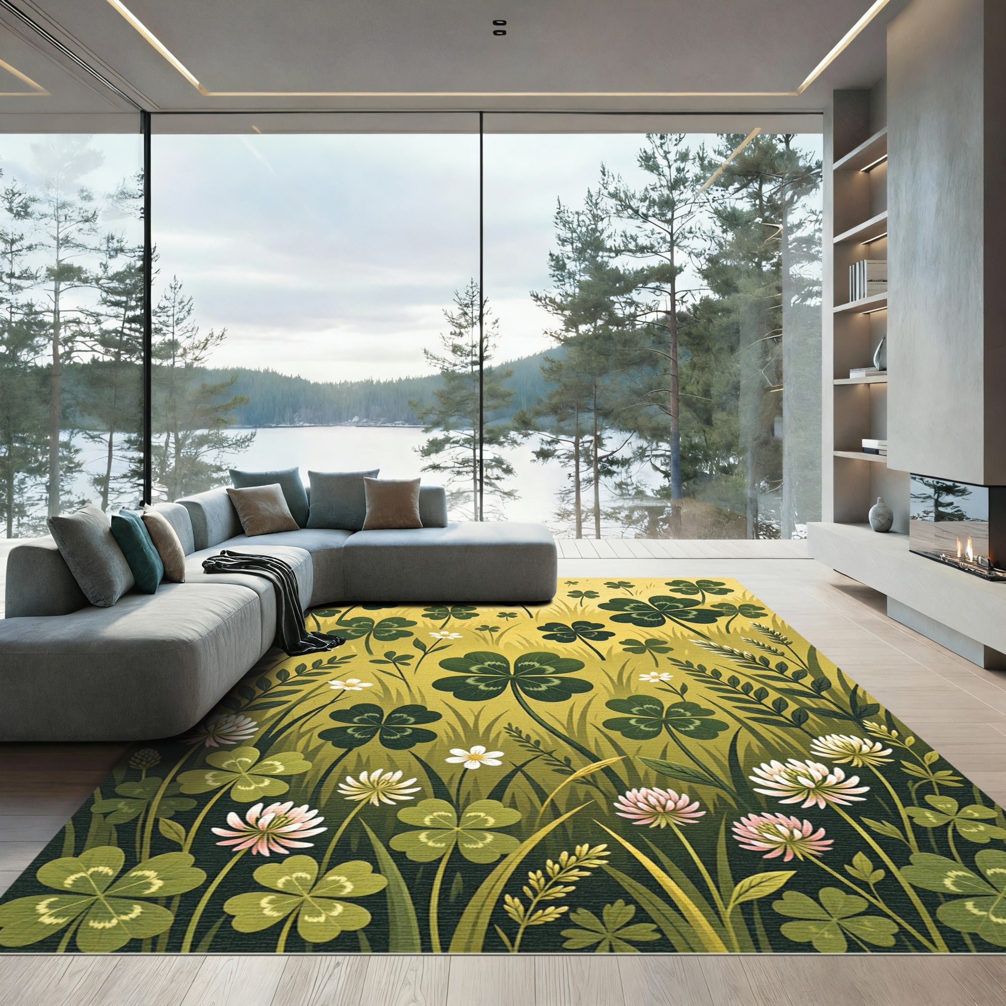 Golden Four Leaf Clover Botanical Meadow Rug
