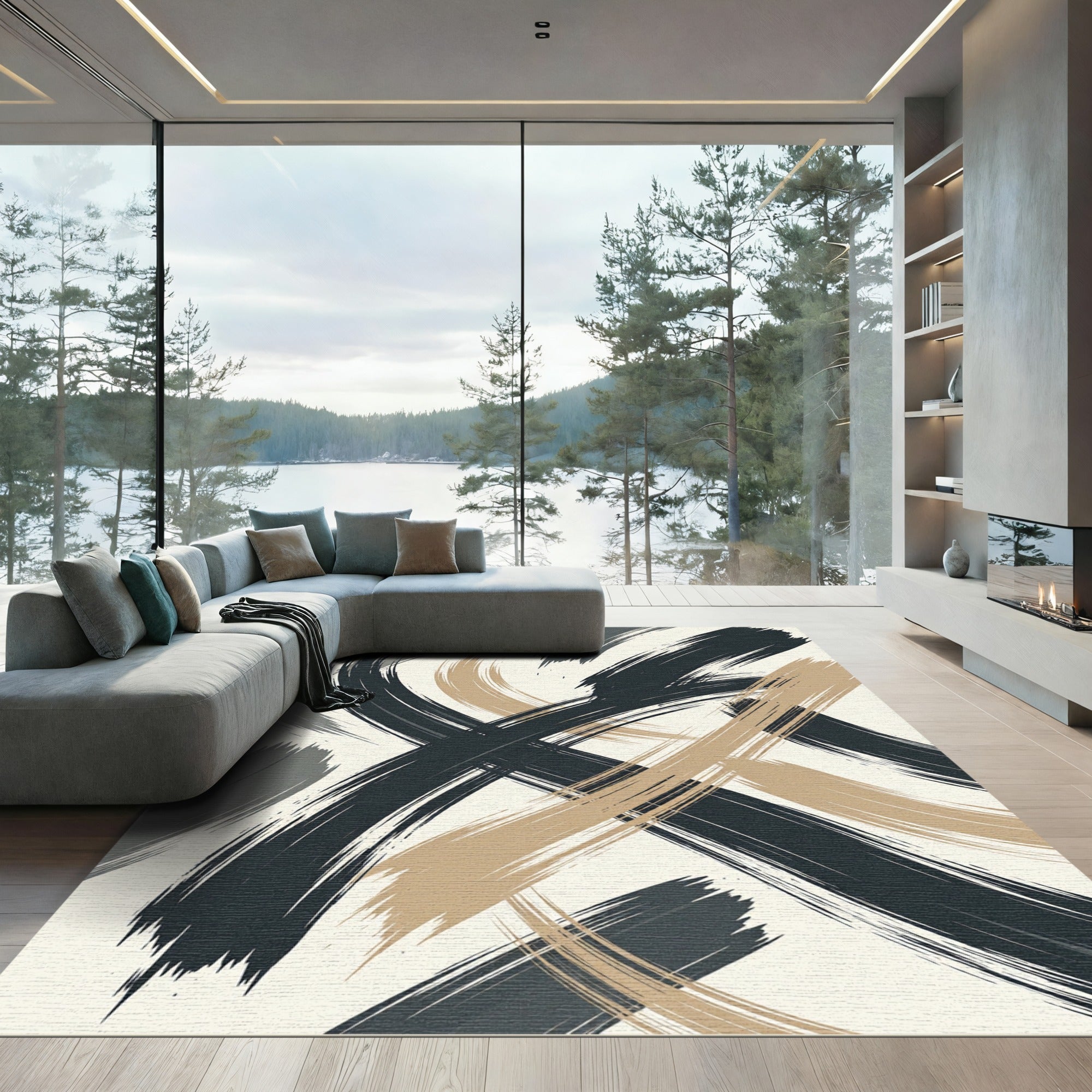 Modern Charcoal and Tan Abstract Brushstroke Rug