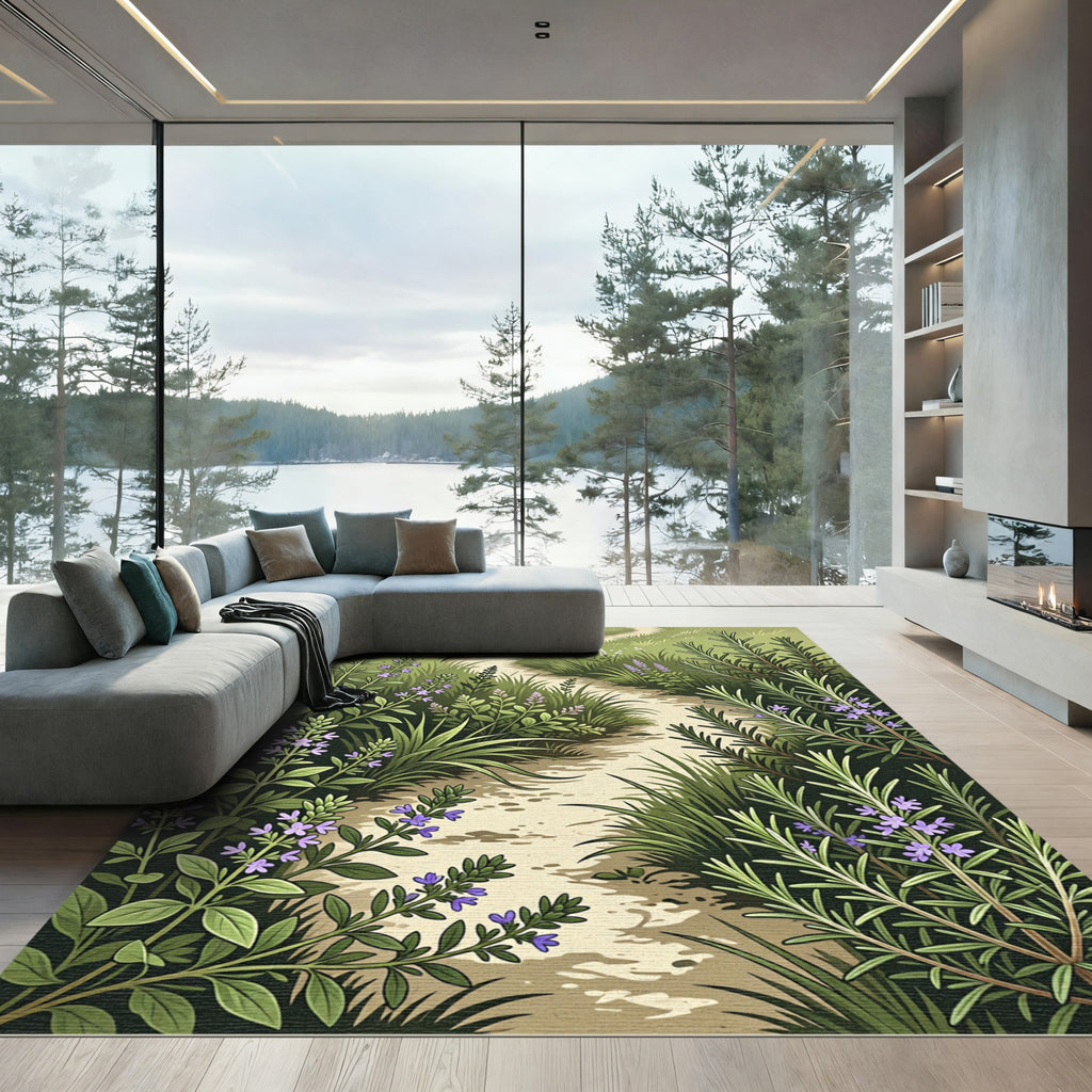 Scenic Meadow Path Violet Blossoms Rug