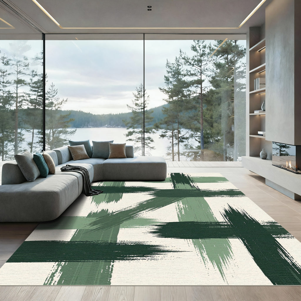 Abstract Forest Green Brushstroke Grid Rug
