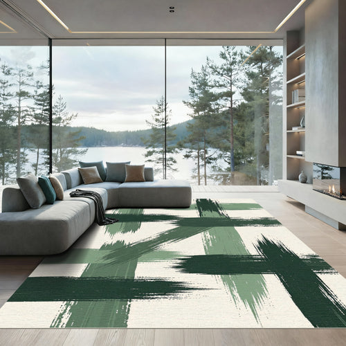 Abstract Forest Green Brushstroke Grid Rug