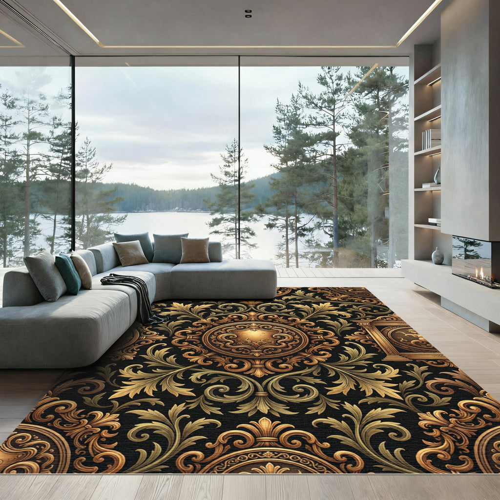 Golden Baroque Medallion Scroll Filigree Rug
