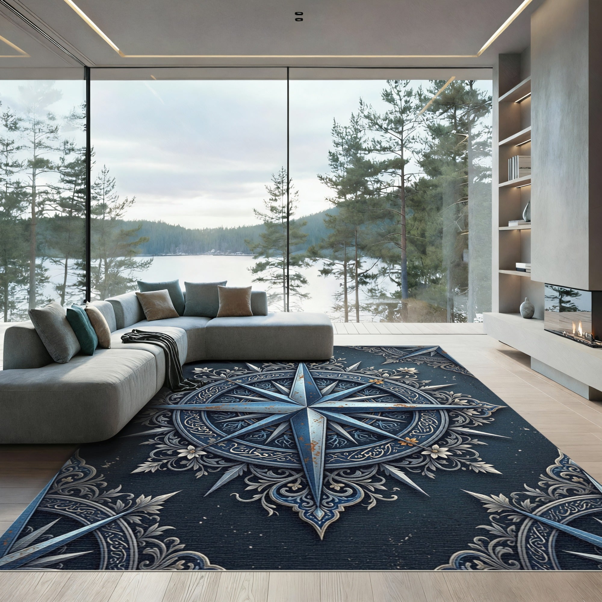 Ornate Steel Blue Celestial Compass Rug