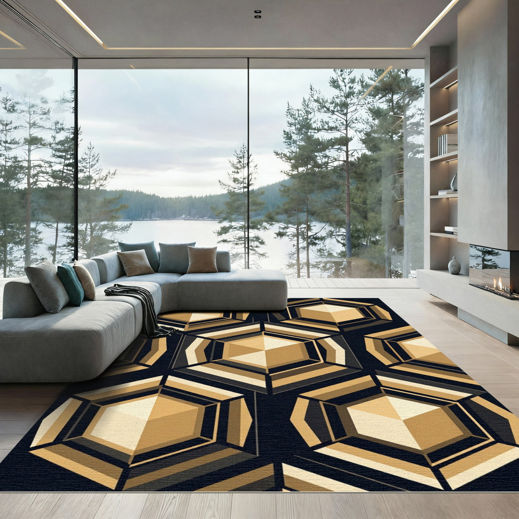 Gold Geometric Hexagon Abstract Art Rug