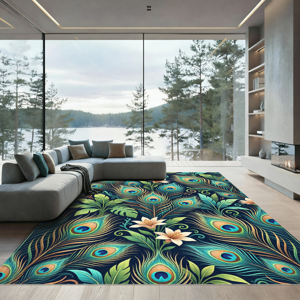 Elegant Peacock Feather Botanical Floral Rug