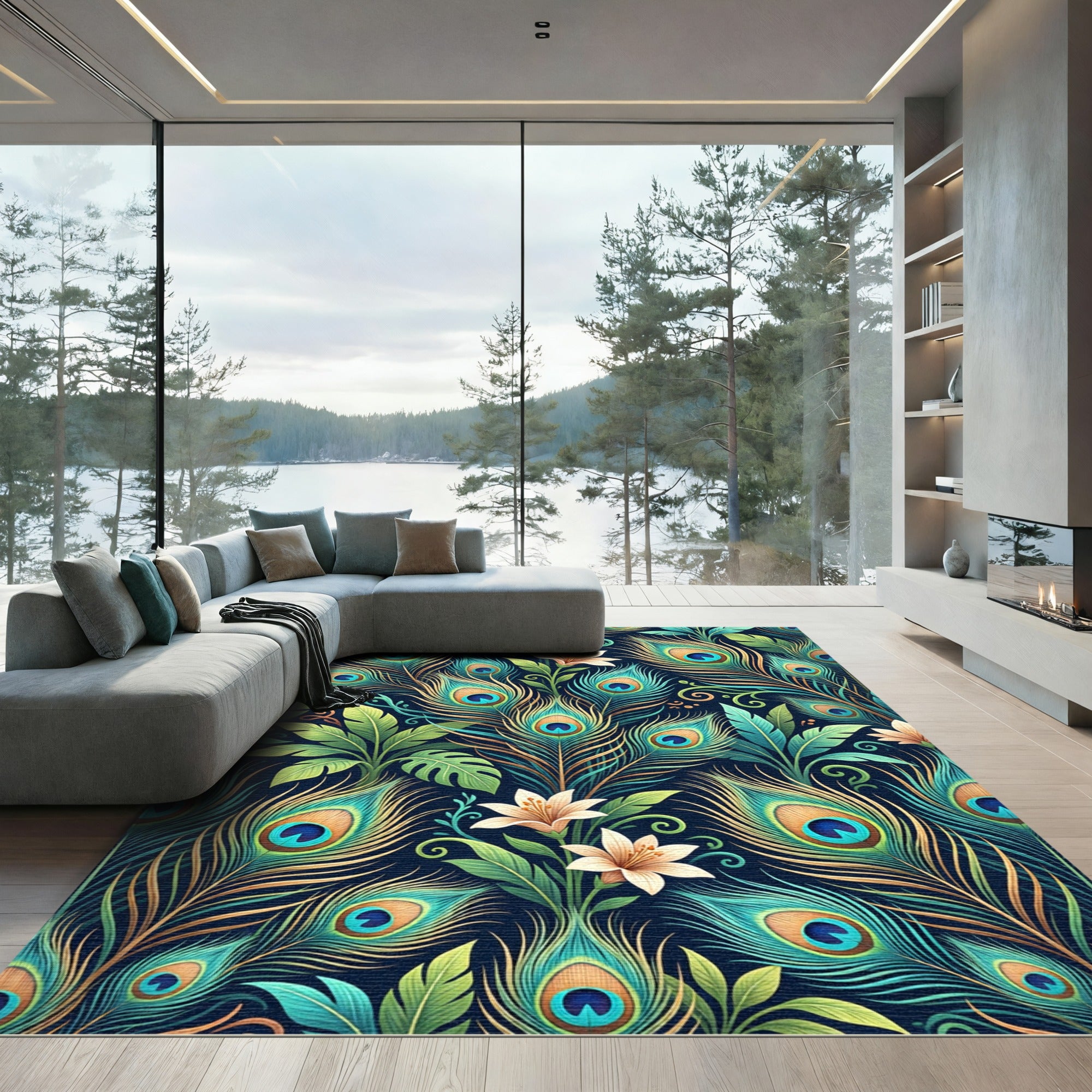 Elegant Peacock Feather Botanical Floral Rug