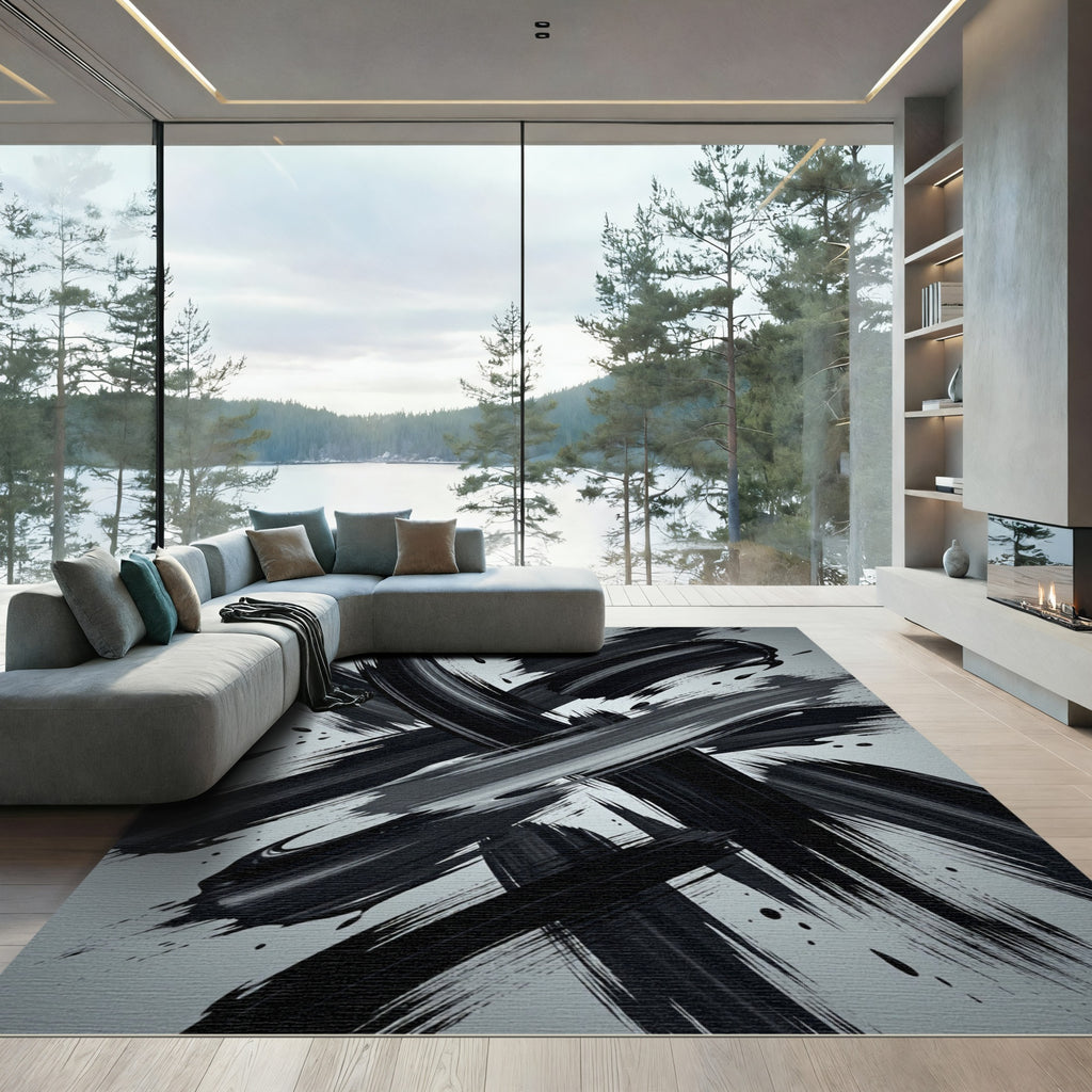 Monochromatic Abstract Brushstroke Swirl Rug