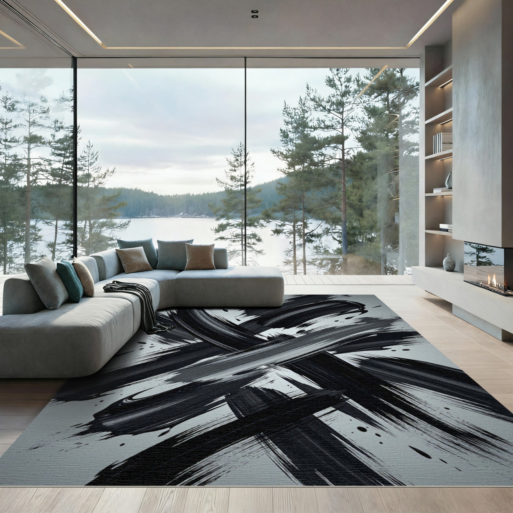 Monochromatic Abstract Brushstroke Swirl Rug