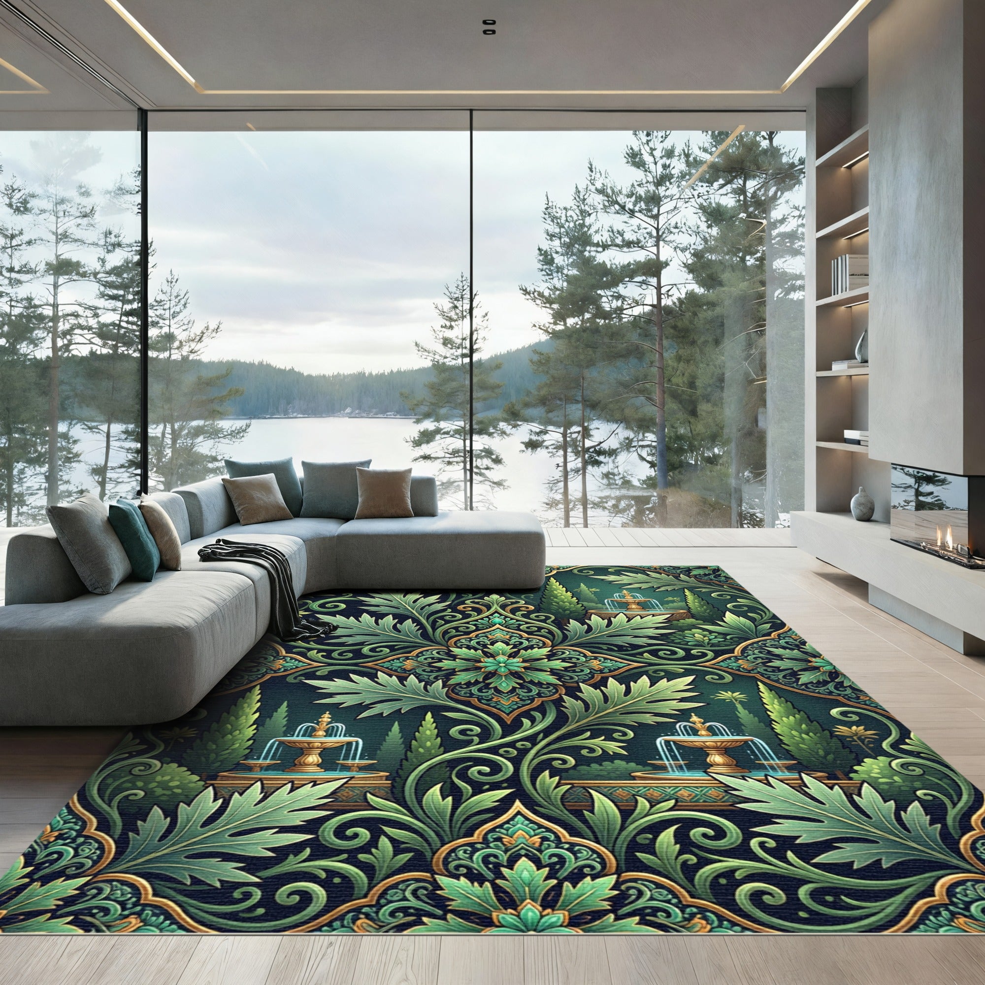 Emerald Green Garden Fountain Scrollwork Rug