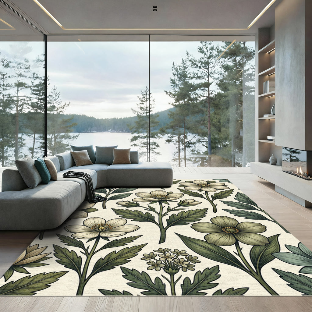 Cream Botanical Floral Sage Meadow Rug