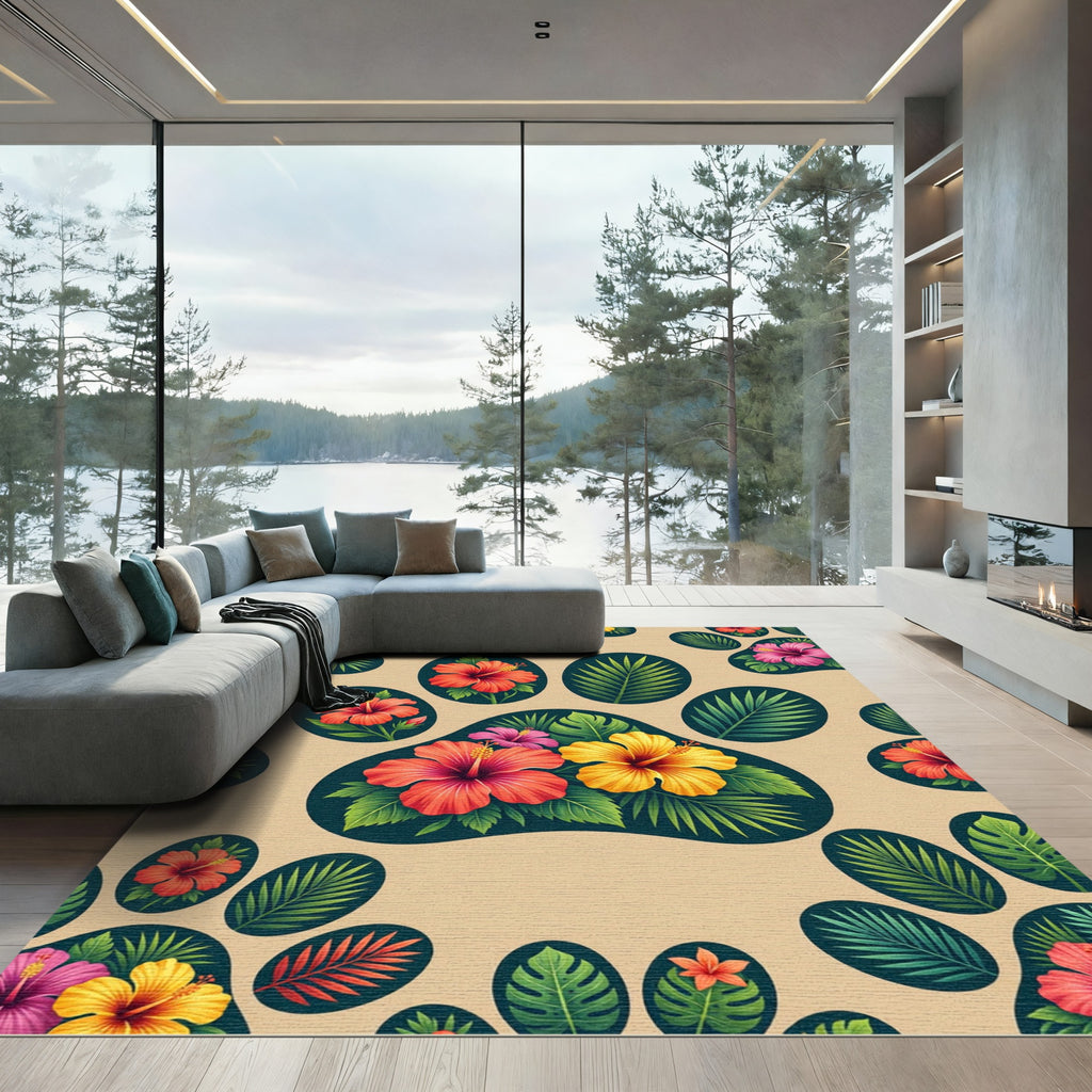 Tropical Hibiscus Paw Meadow Illustration Rug