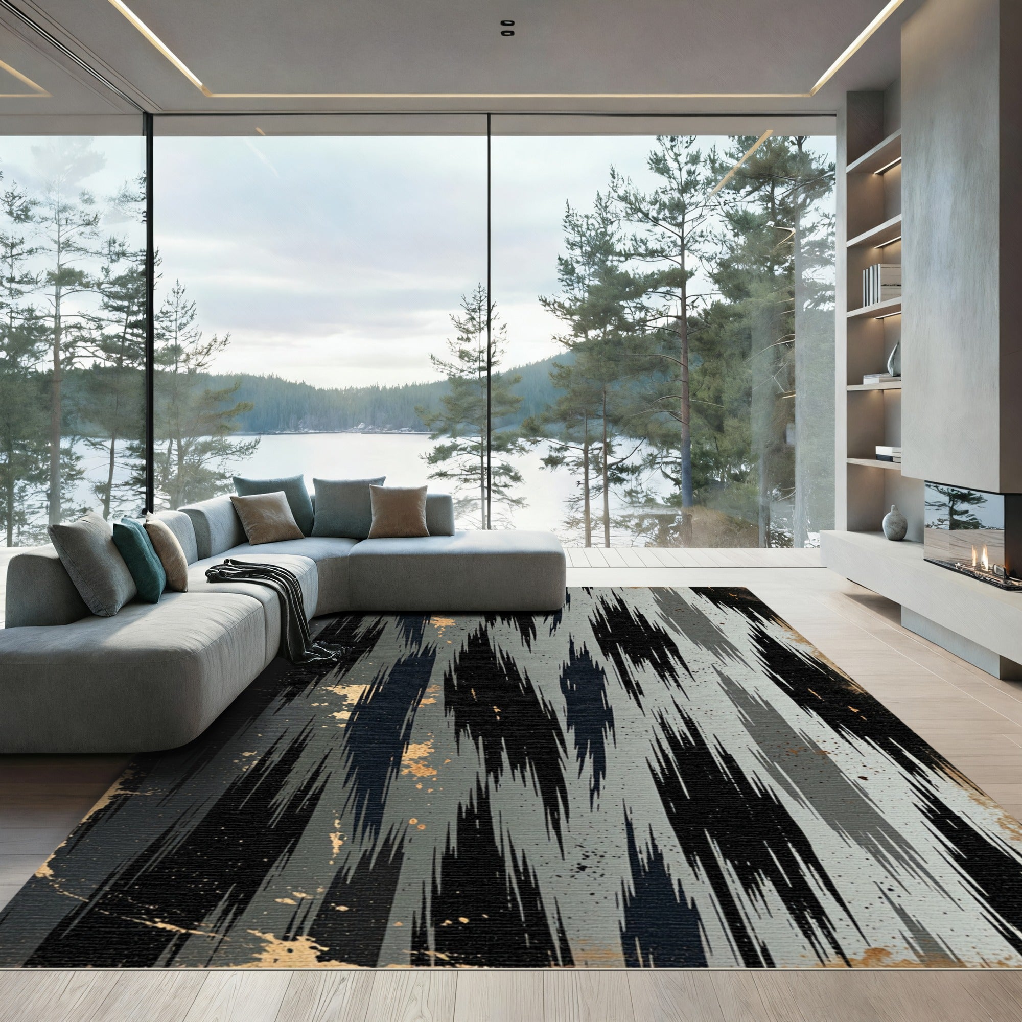 Grungy Black Gray Vertical Streak Rug