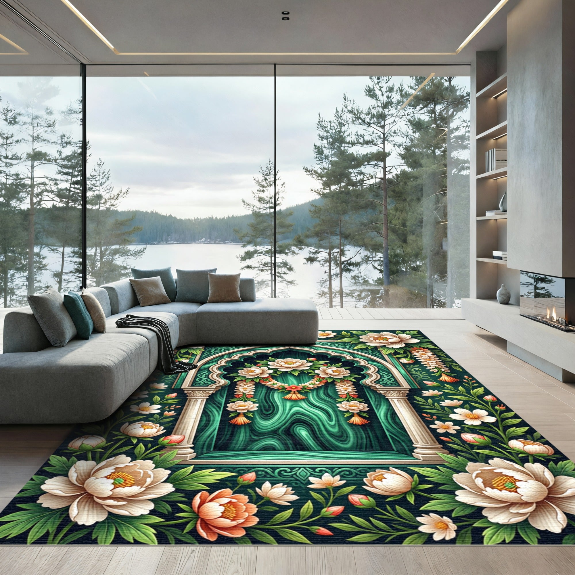 Emerald Peony Floral Arch Garden Rug