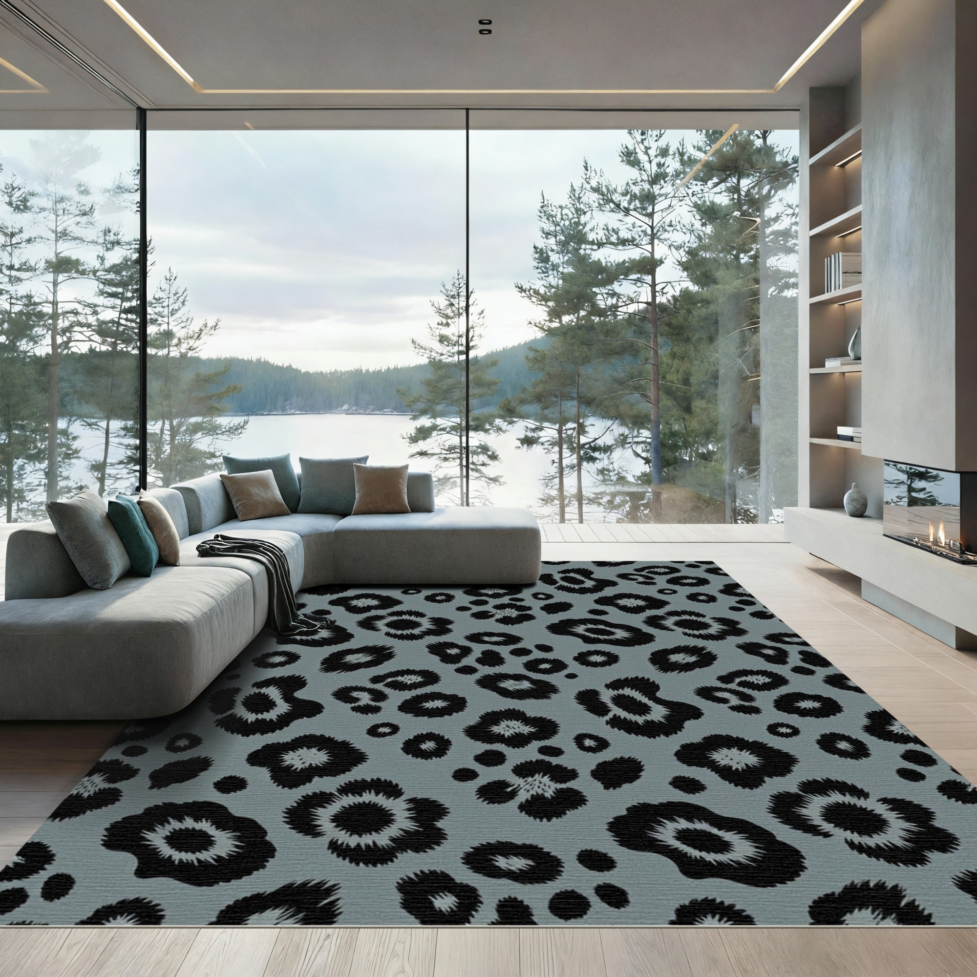 Modern Charcoal and Sage Leopard Spot Rug