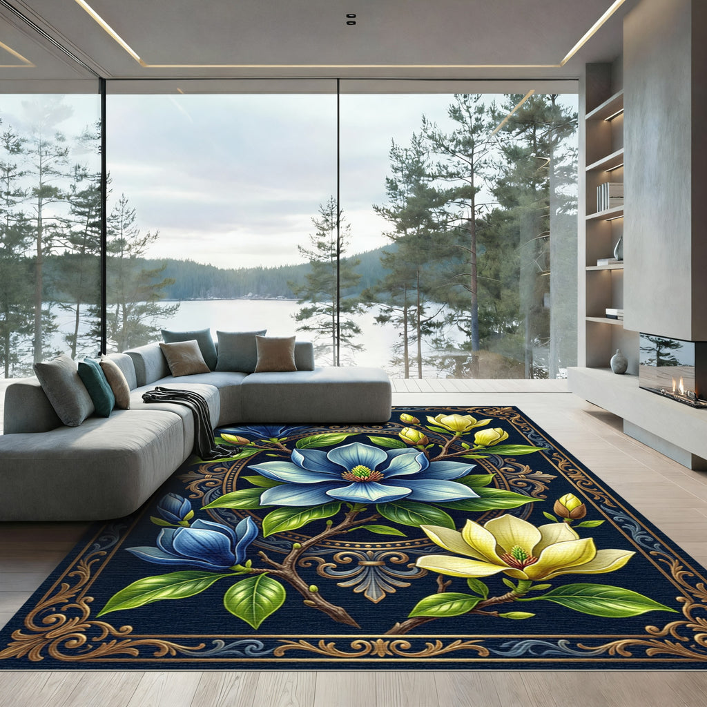 Elegant Blue and Gold Magnolia Frame Rug