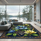 Elegant Blue and Gold Magnolia Frame Rug
