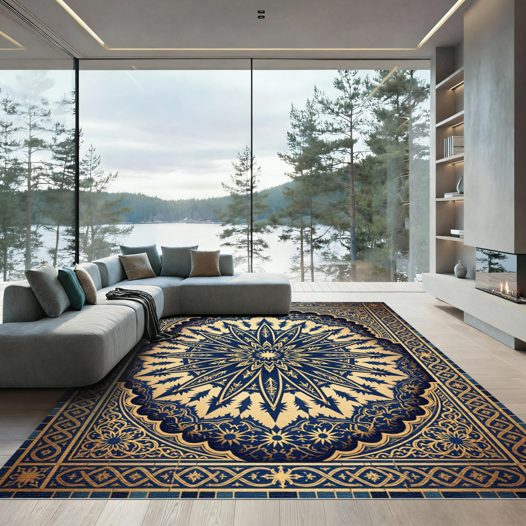 Royal Blue Golden Celestial Medallion Rug