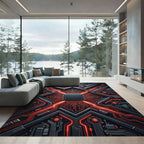 Cybernetic Red Circuit Neon Abstract Rug
