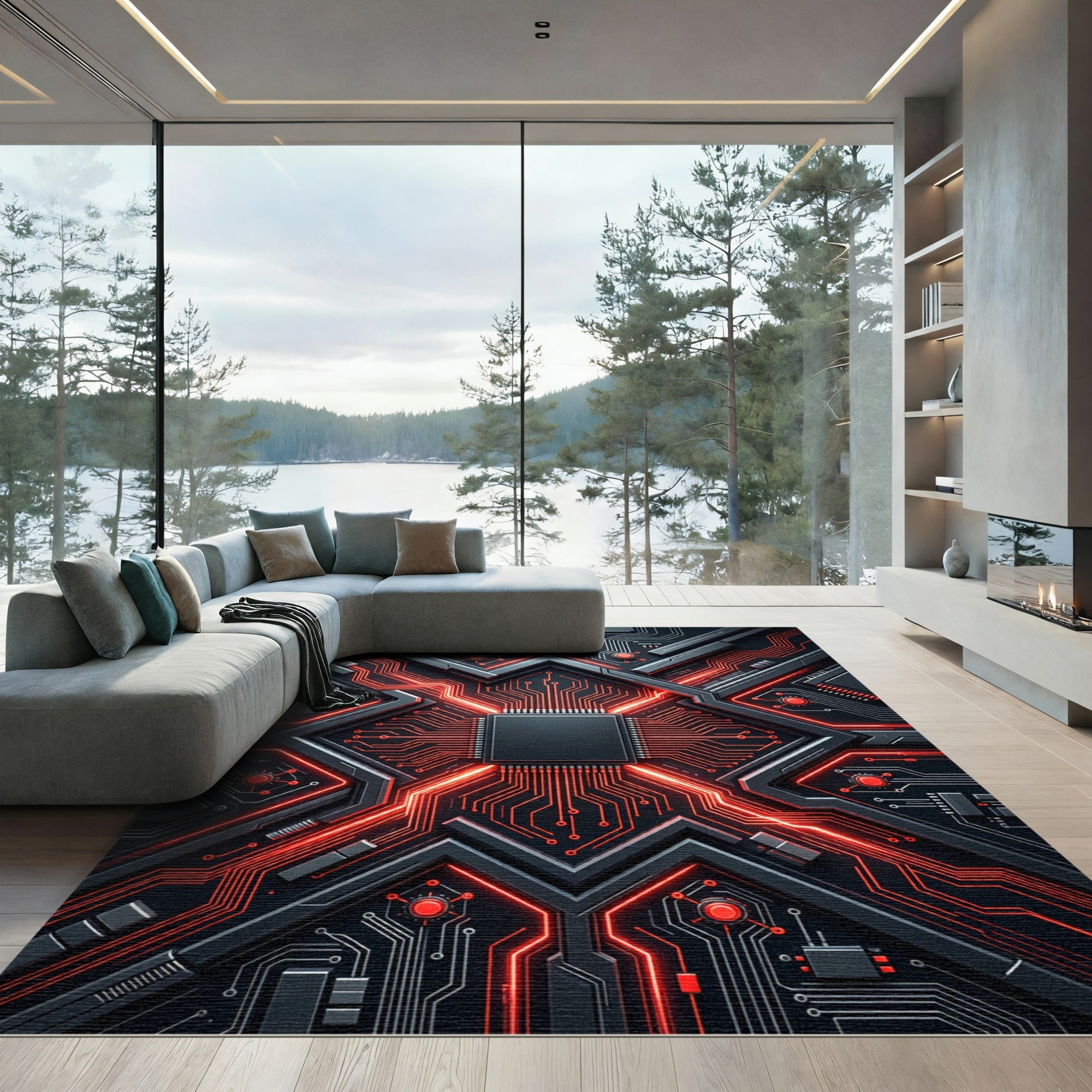 Cybernetic Red Circuit Neon Abstract Rug