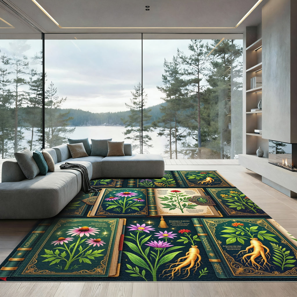 Botanical Golden Flora Forest Green Tapestry Rug