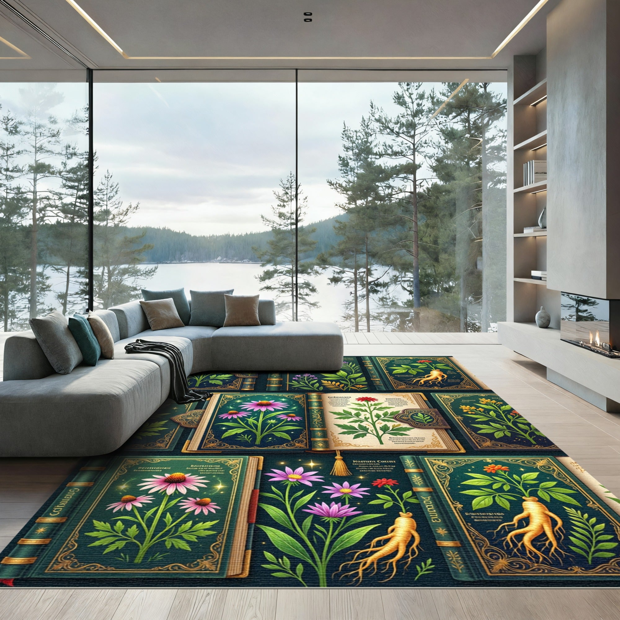Botanical Golden Flora Forest Green Tapestry Rug