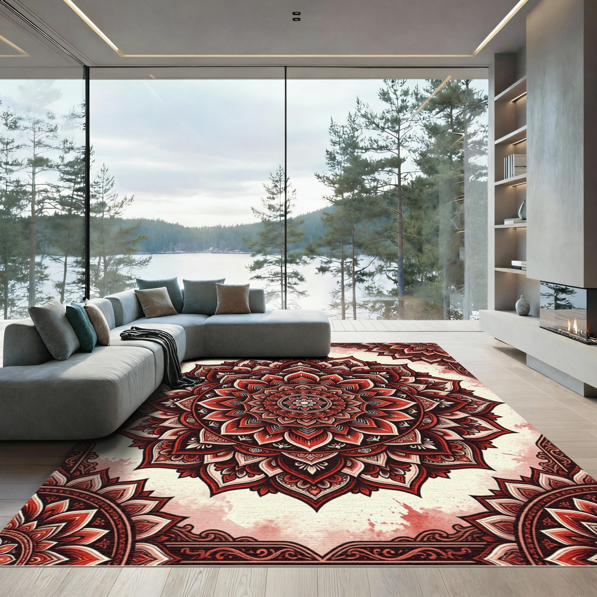 Ornate Crimson Mandala Floral Medallion Rug