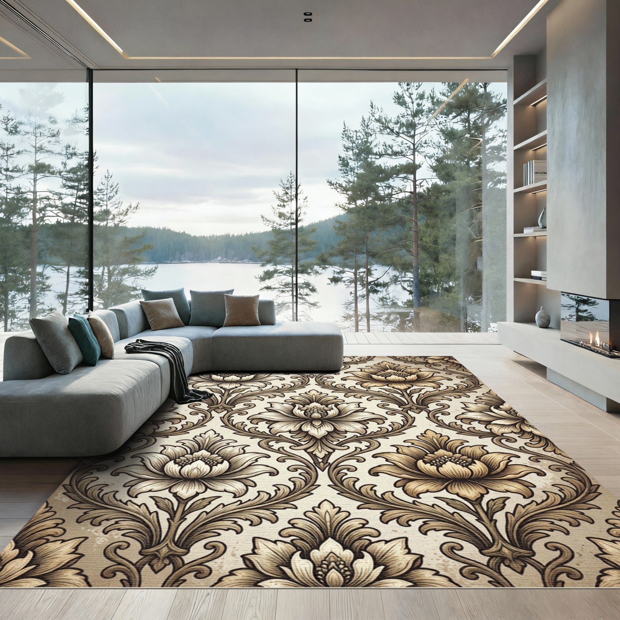 Elegant Damask Floral Cream Beige Rug