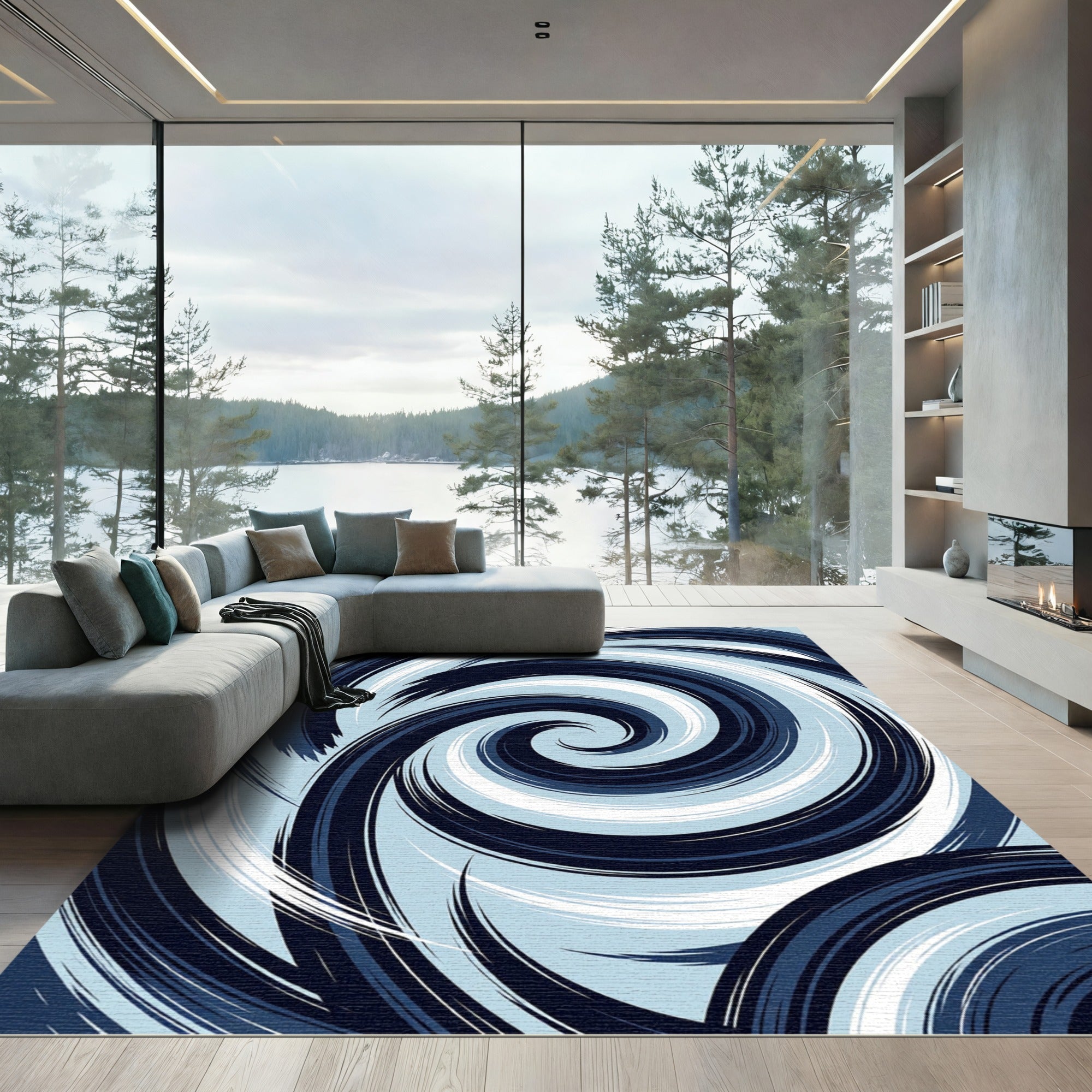 Deep Blue Swirl Abstract Brush Stroke Rug