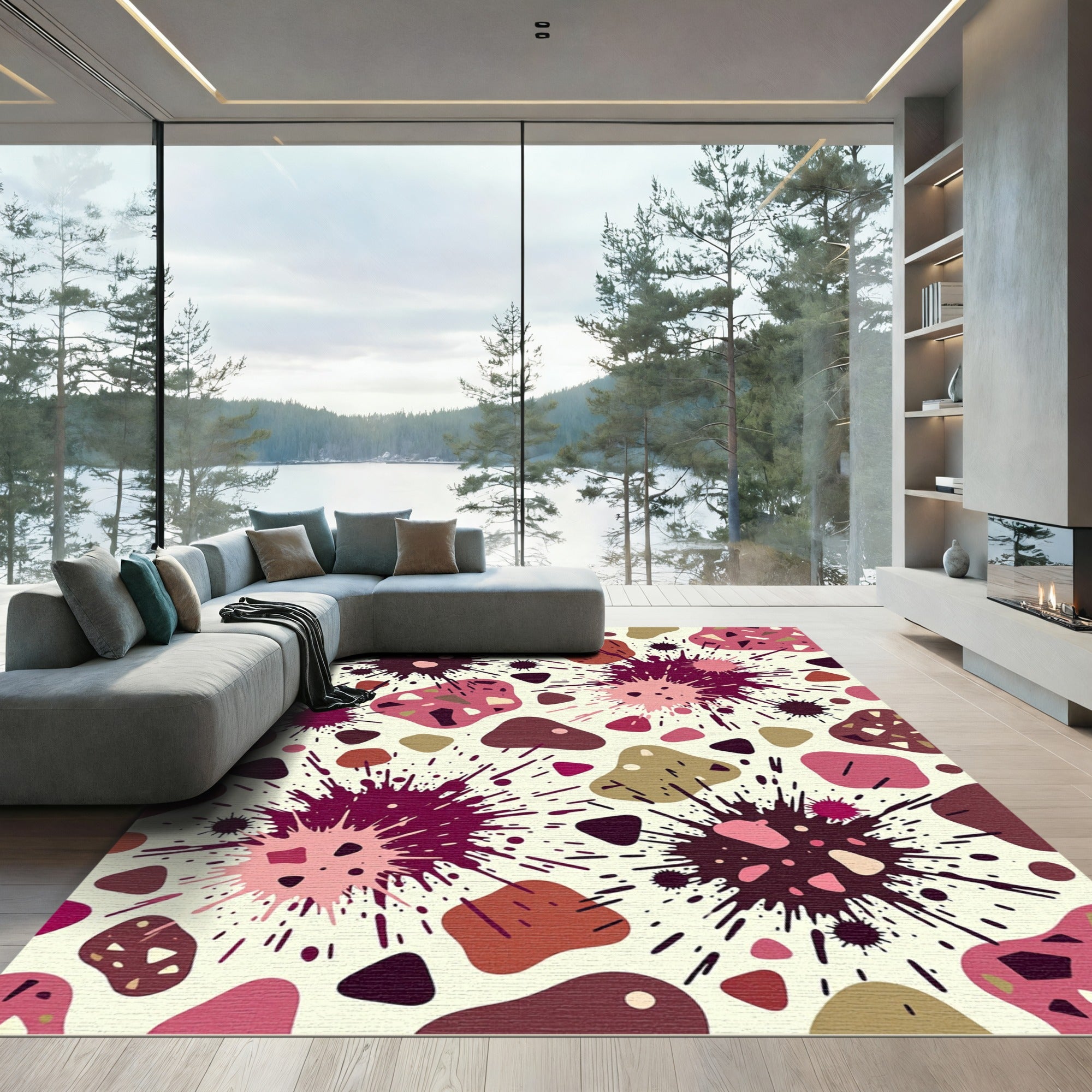 Abstract Crimson Splatter Blob Rug