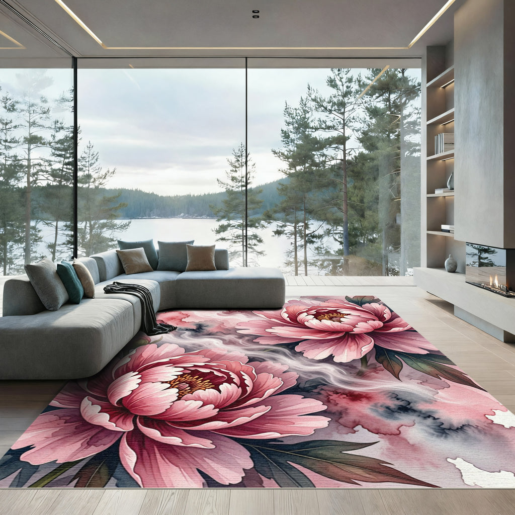 Pink Peony Watercolor Floral Swirl Rug